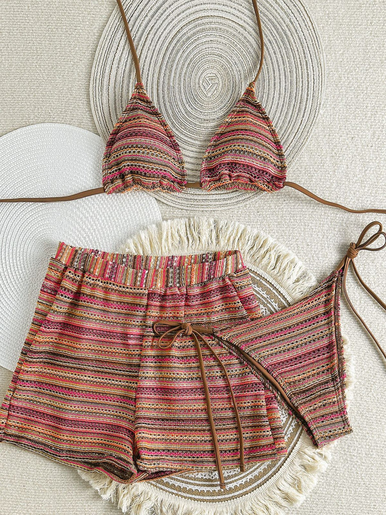1960er Geschlagen Streifen Halfter Dreieck Bikini-Set