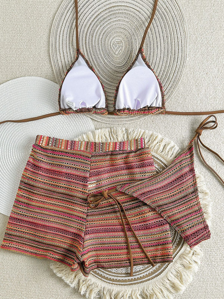 1960er Geschlagen Streifen Halfter Dreieck Bikini-Set