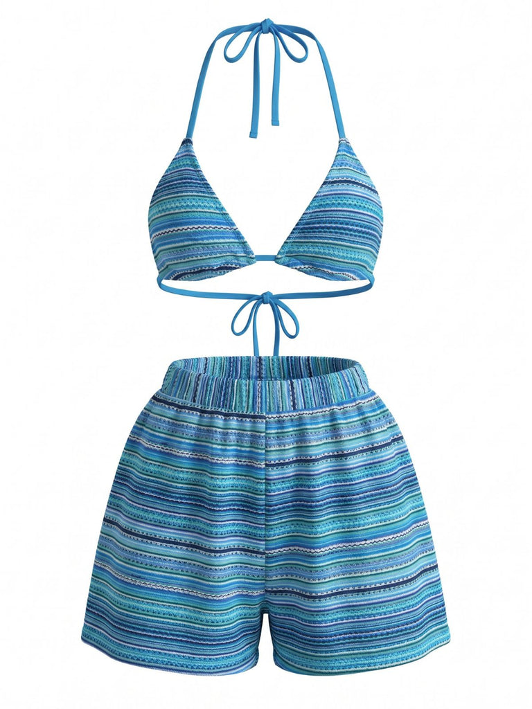 1960er Geschlagen Streifen Halfter Dreieck Bikini-Set