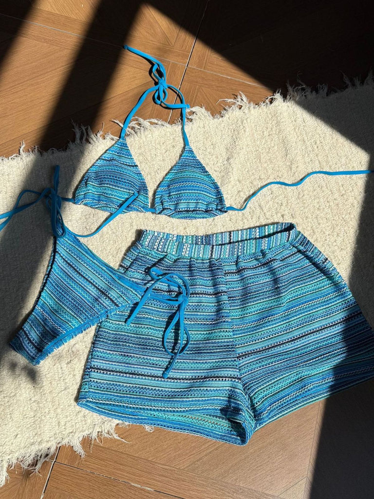 1960er Geschlagen Streifen Halfter Dreieck Bikini-Set
