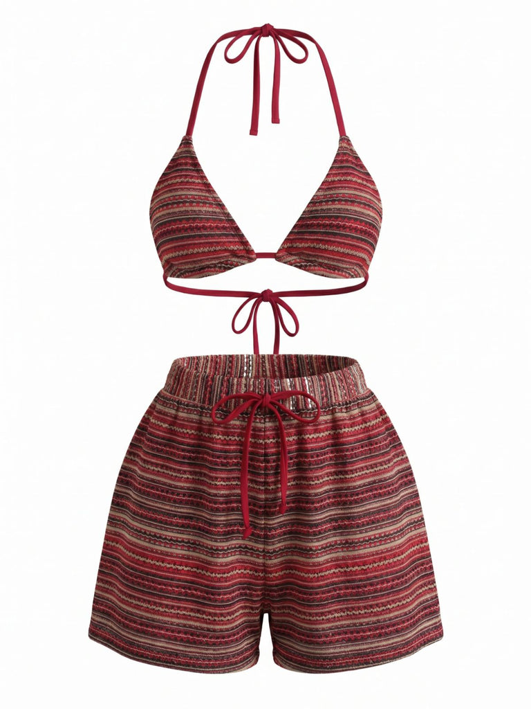1960er Geschlagen Streifen Halfter Dreieck Bikini-Set