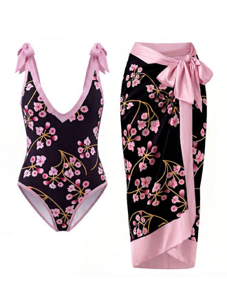 Mehrfarbiger 60er Badeanzug & Cover-Up mit Blumen und Bindeband