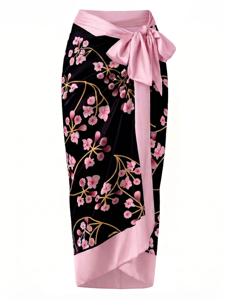 Mehrfarbiger 60er Badeanzug & Cover-Up mit Blumen und Bindeband