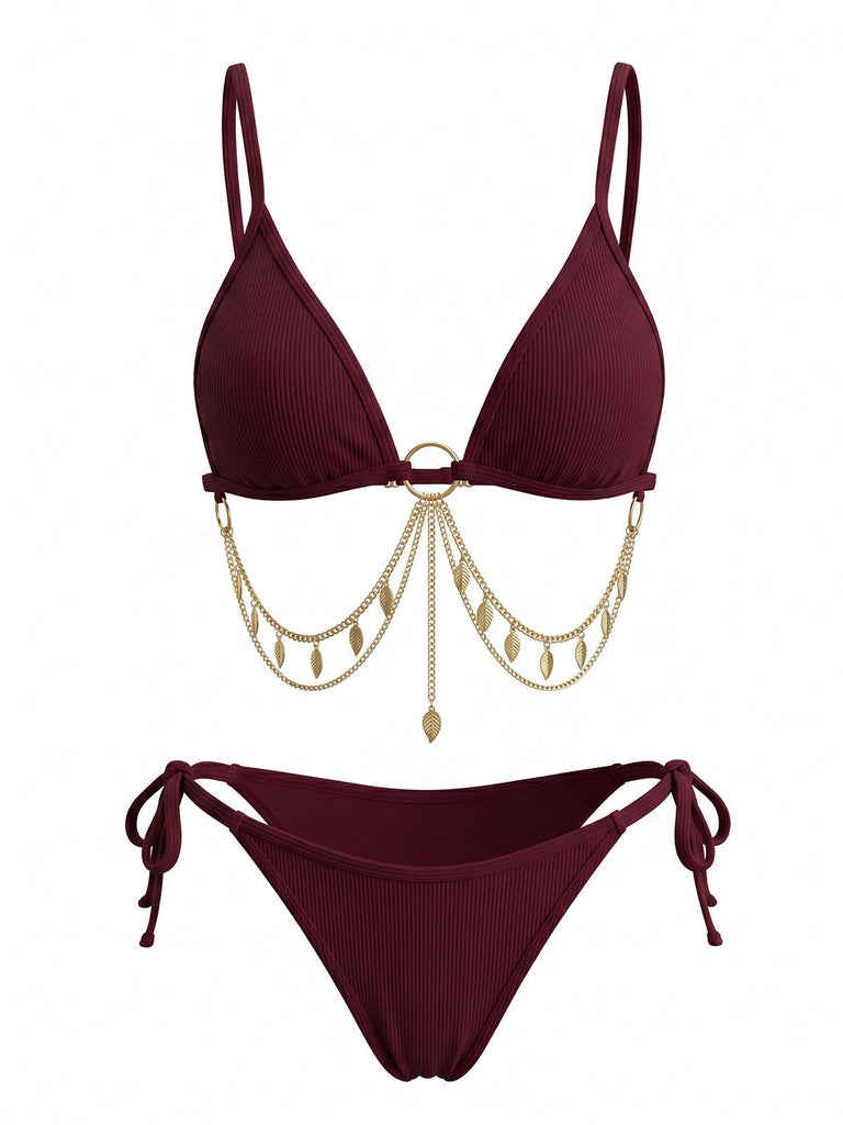 60er Bikini-Set mit Goldkette und gerippt