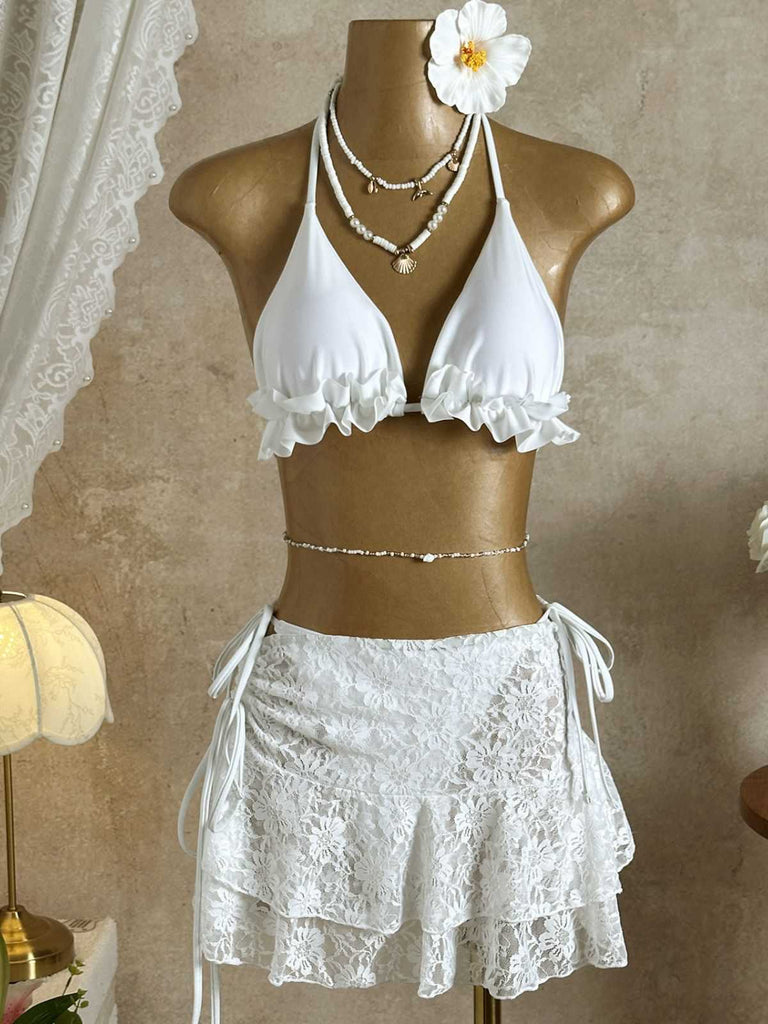 1960er Rüschen Halter Bikini Set & Blumen Spitze Cover-Up
