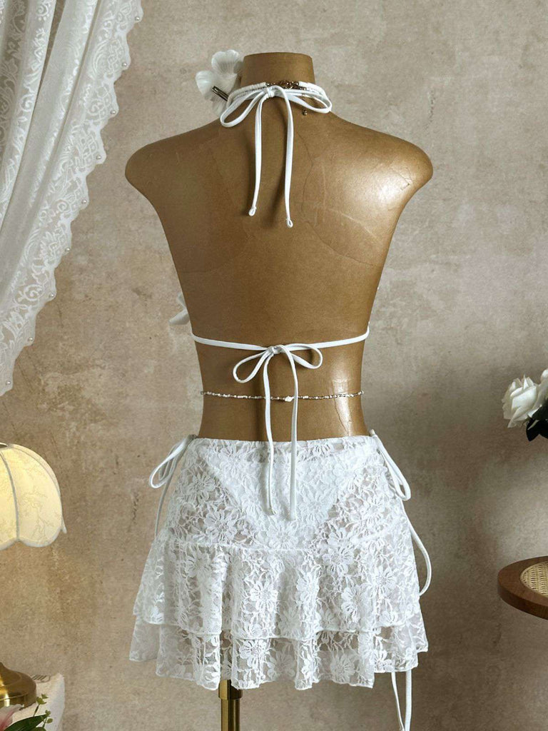 1960er Rüschen Halter Bikini Set & Blumen Spitze Cover-Up