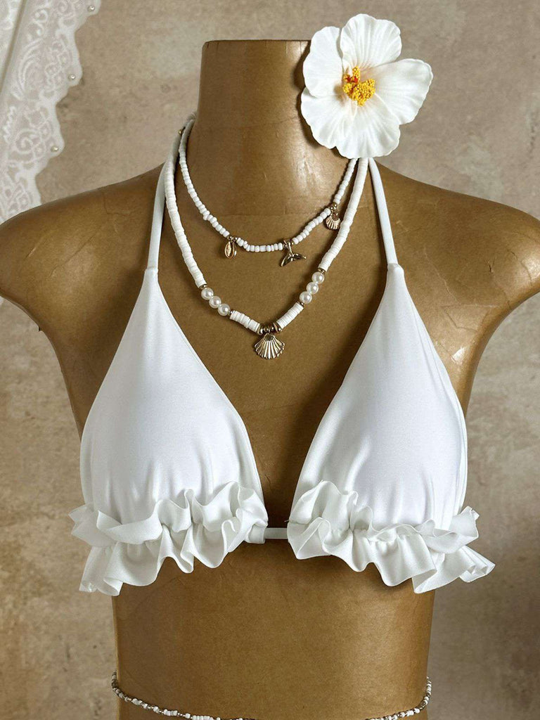 1960er Rüschen Halter Bikini Set & Blumen Spitze Cover-Up