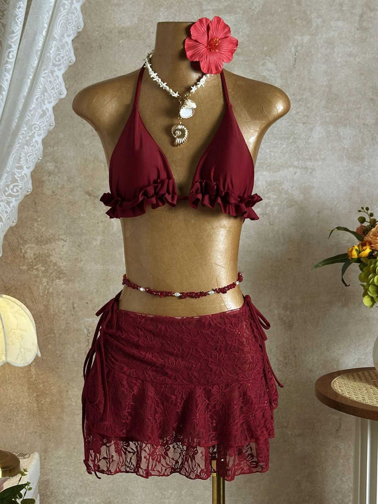 1960er Rüschen Halter Bikini Set & Blumen Spitze Cover-Up