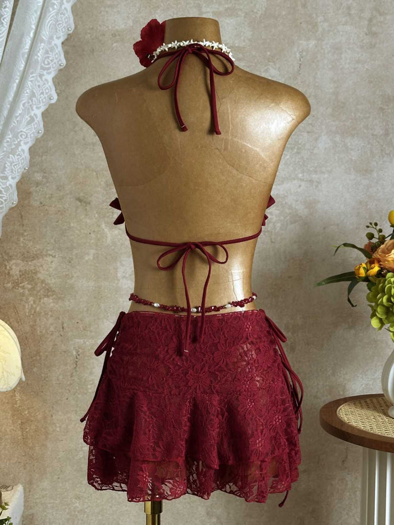 1960er Rüschen Halter Bikini Set & Blumen Spitze Cover-Up