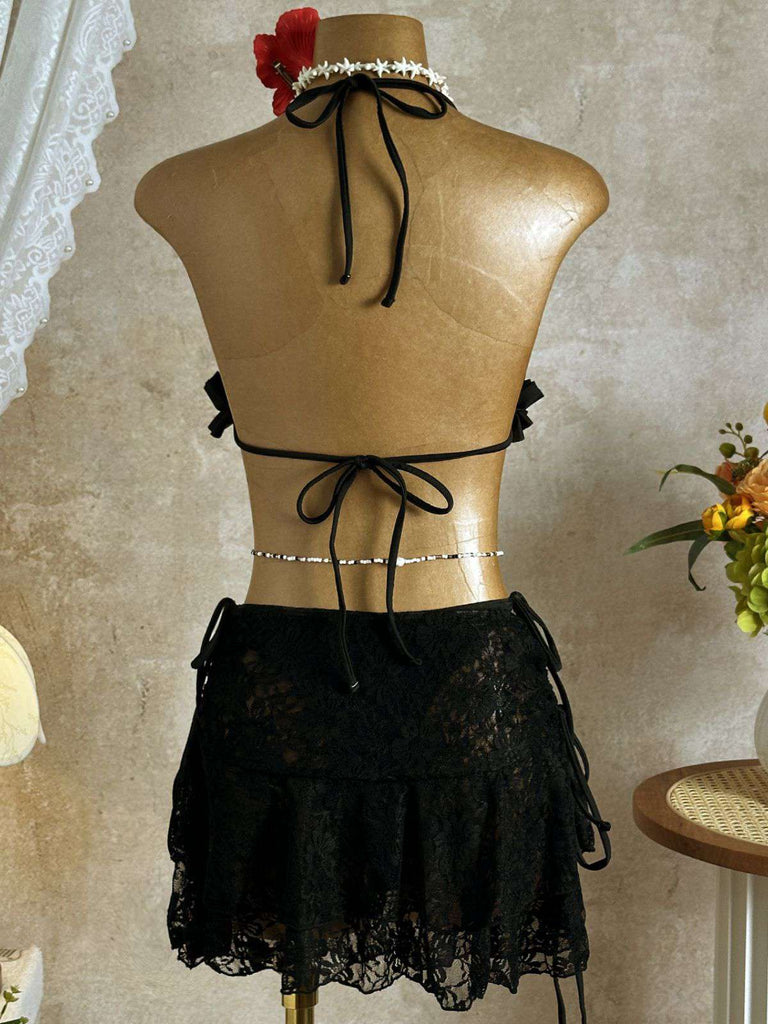 1960er Rüschen Halter Bikini Set & Blumen Spitze Cover-Up
