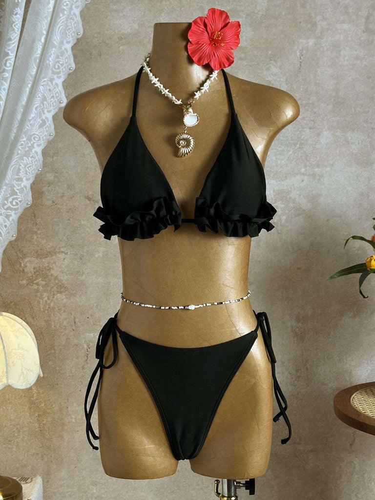 1960er Rüschen Halter Bikini Set & Blumen Spitze Cover-Up