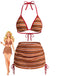 3PCS Braun 1960er Streifen Halfter Bikini-Set & Gerafft Rock