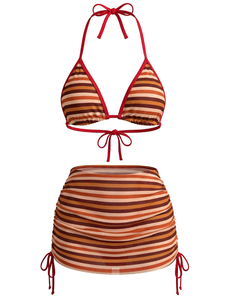 3PCS Braun 1960er Streifen Halfter Bikini-Set & Gerafft Rock