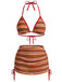 3PCS Braun 1960er Streifen Halfter Bikini-Set & Gerafft Rock