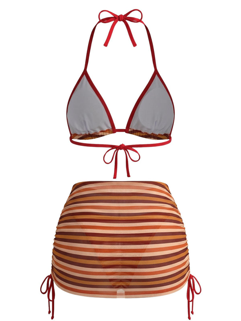 3PCS Braun 1960er Streifen Halfter Bikini-Set & Gerafft Rock