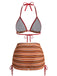 3PCS Braun 1960er Streifen Halfter Bikini-Set & Gerafft Rock