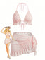 60er Bikini-Set mit Neckholder, Spitze und Rüschen-Cover-Up