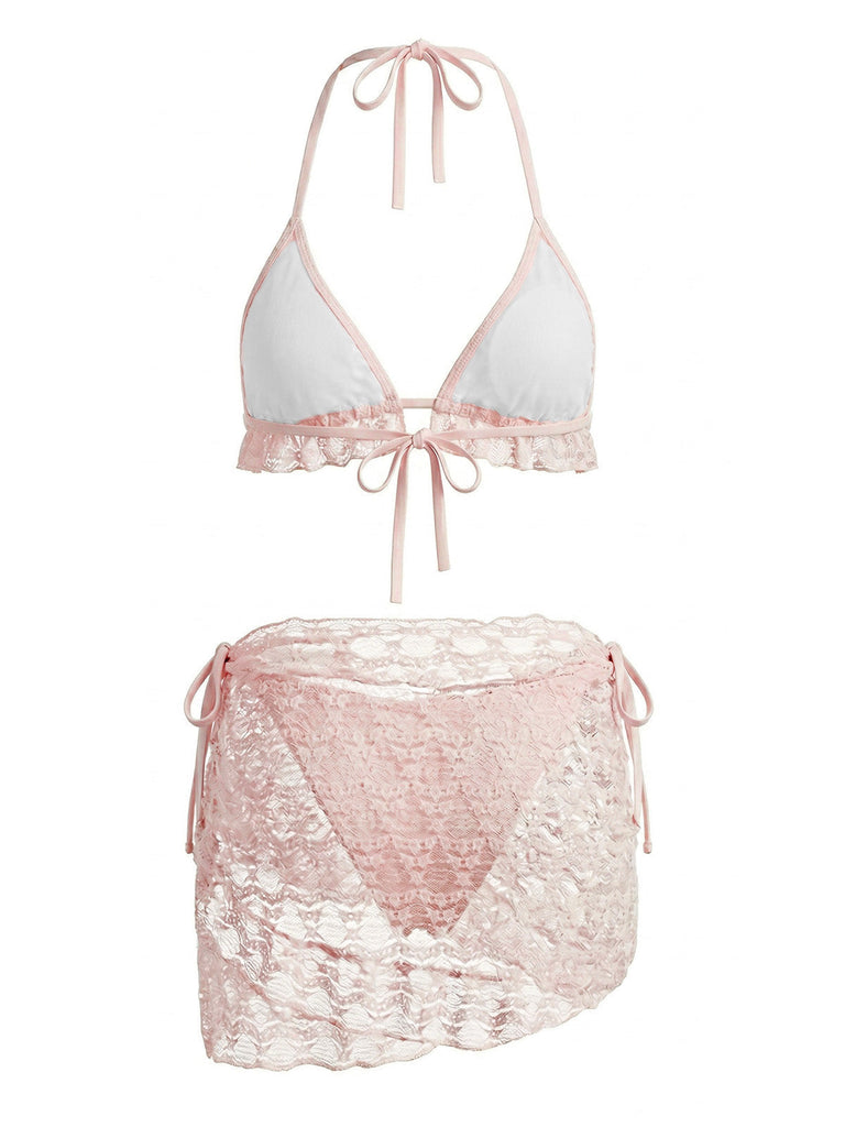2PCS 1960er Uni Halfter Spitze Bikini-Set & Rüschen Abdeckung Up