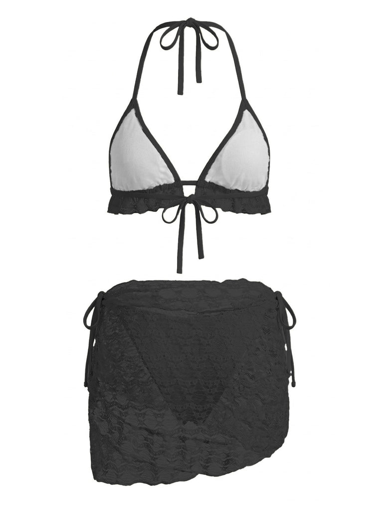 2PCS 1960er Uni Halfter Spitze Bikini-Set & Rüschen Abdeckung Up