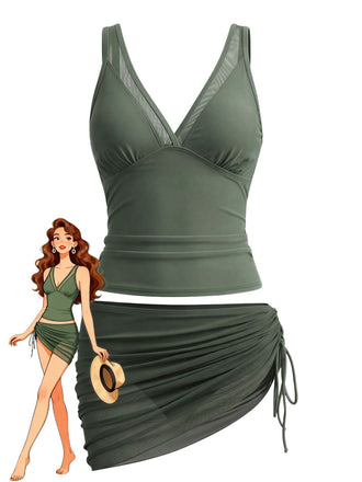 60er Netz-Tankini-Set mit V-Ausschnitt und gerafft