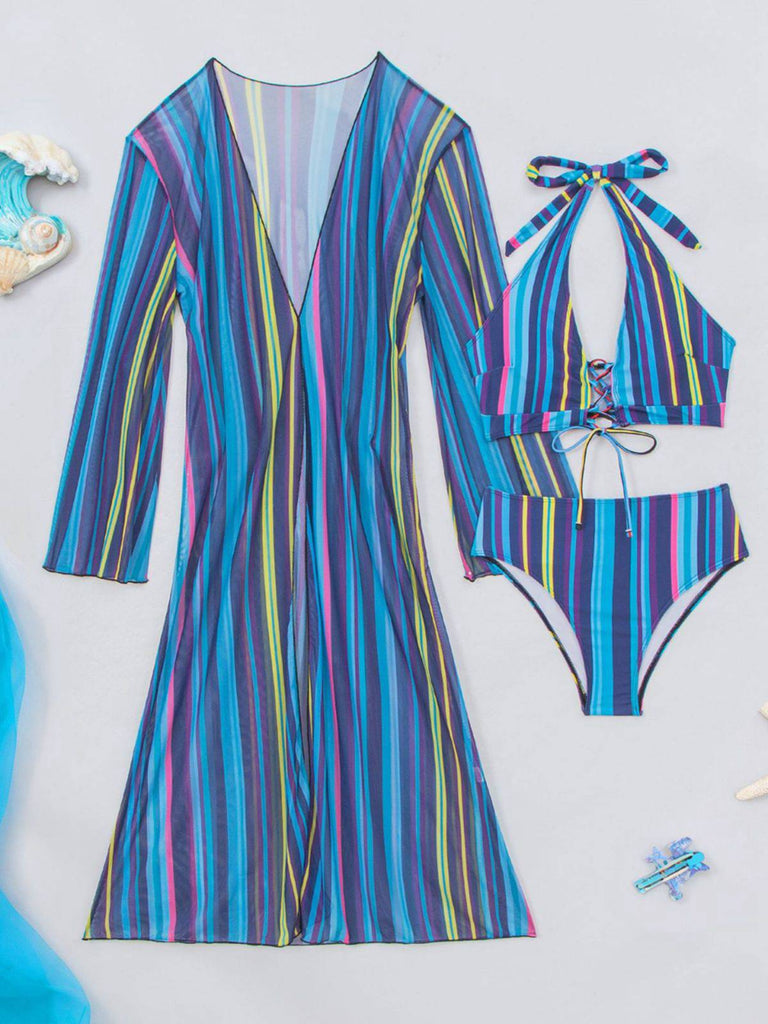 60er Bikini-Set & Shorts & Cover-Up mit Schnürung und Streifen