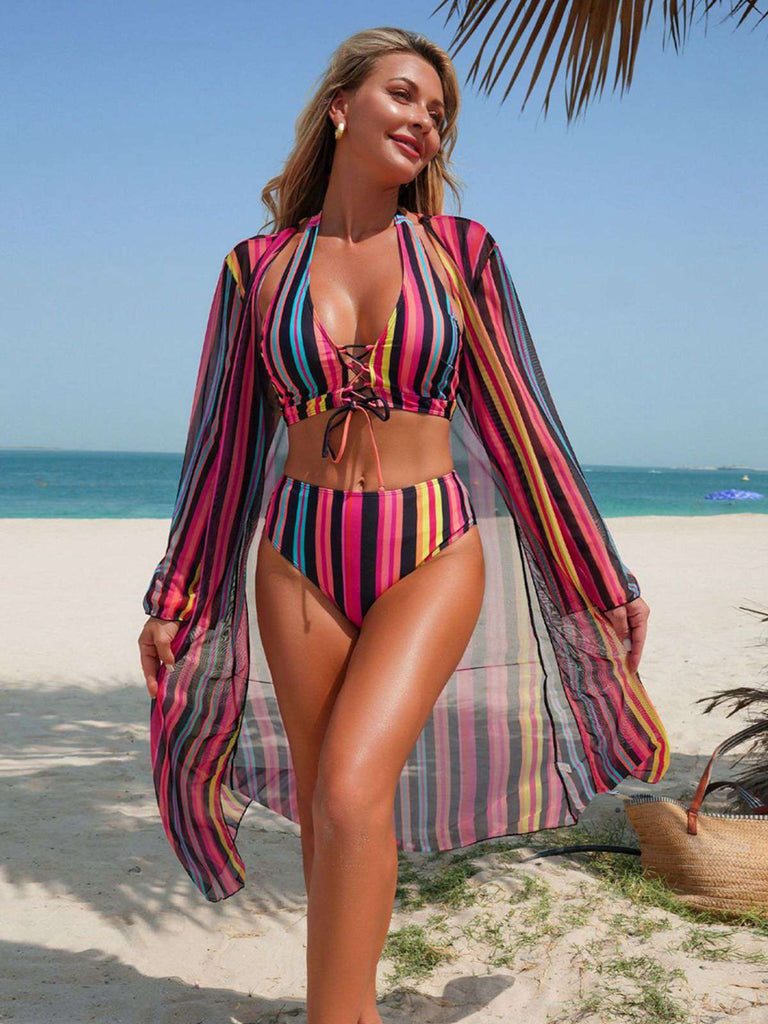 60er Bikini-Set & Shorts & Cover-Up mit Schnürung und Streifen