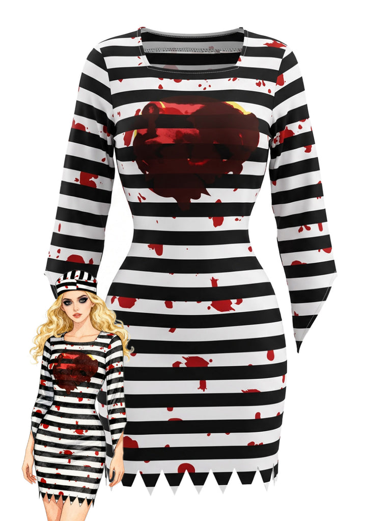 70er Halloween Sträflingskleid mit Blut-Print und Streifen