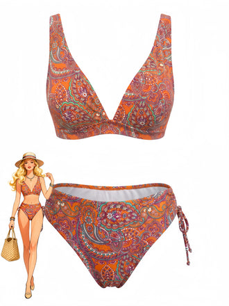70er Bohemian Tankini-Set mit Ditsy-Blumen und V-Ausschnitt