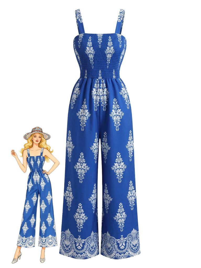 70er Boho Jumpsuit mit Blumen-Print und Smok