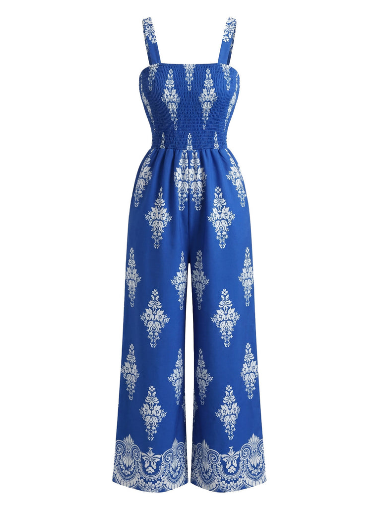 70er Boho Jumpsuit mit Blumen-Print und Smok