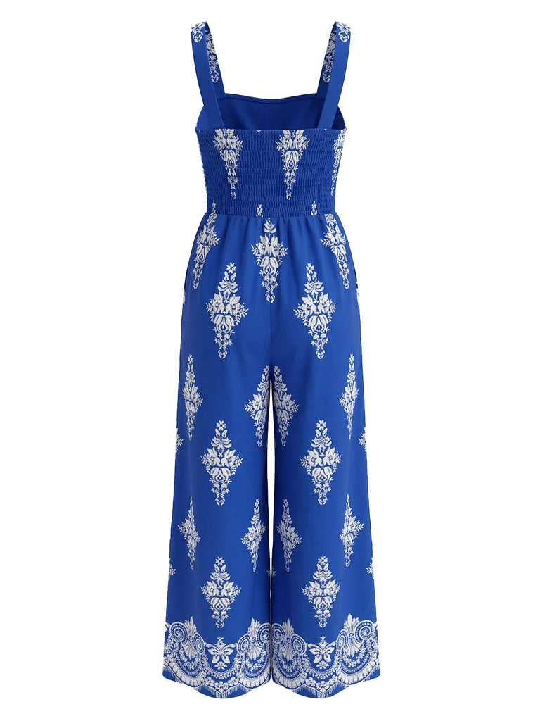 70er Boho Jumpsuit mit Blumen-Print und Smok