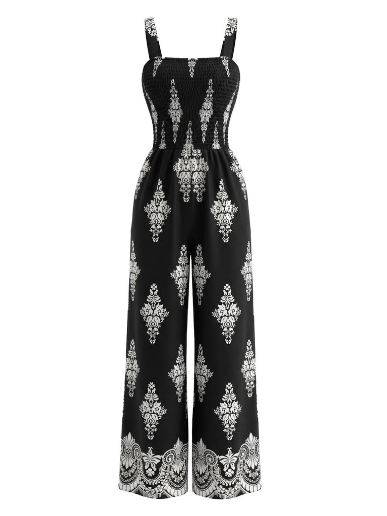 70er Boho Jumpsuit mit Blumen-Print und Smok