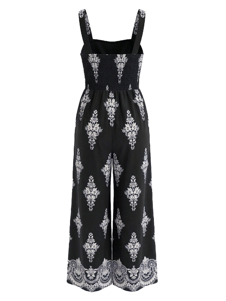 70er Boho Jumpsuit mit Blumen-Print und Smok