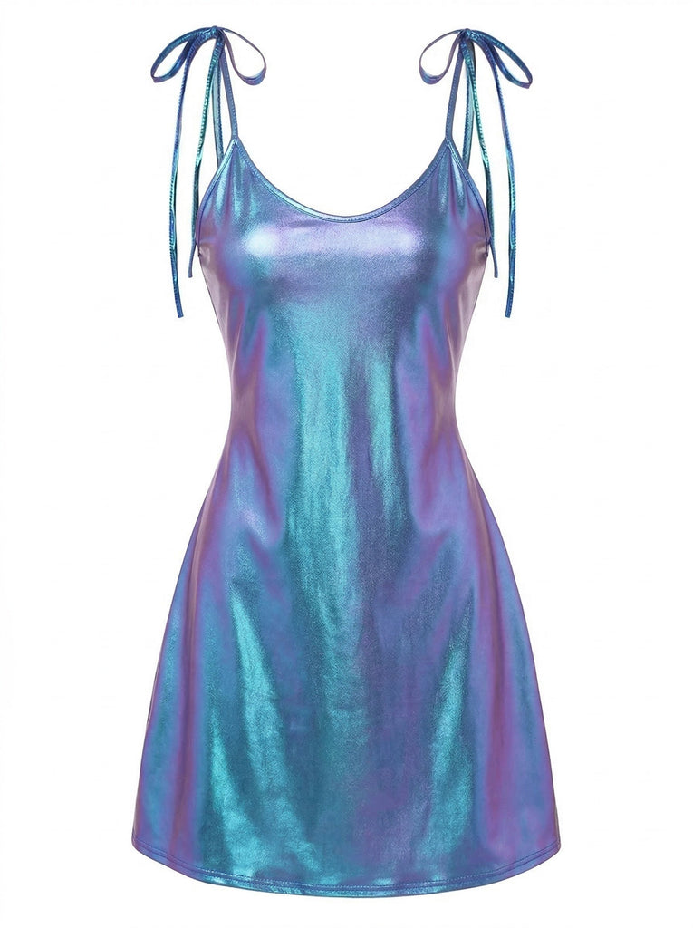 Blaues Minikleid aus Lackleder im Stil der 1970er Jahre mit Spaghettiträgern – Vintage-Kleid, Retro-Mode