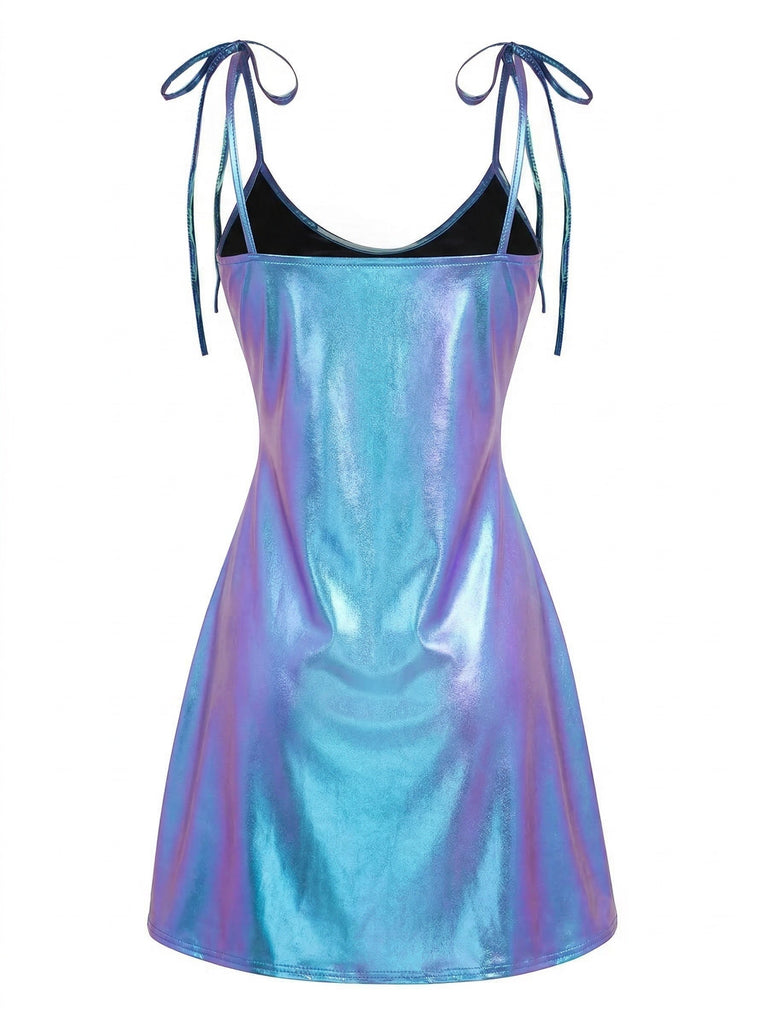 Blaues Minikleid aus Lackleder im Stil der 1970er Jahre mit Spaghettiträgern – Vintage-Kleid, Retro-Mode