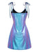 Blaues Minikleid aus Lackleder im Stil der 1970er Jahre mit Spaghettiträgern – Vintage-Kleid, Retro-Mode