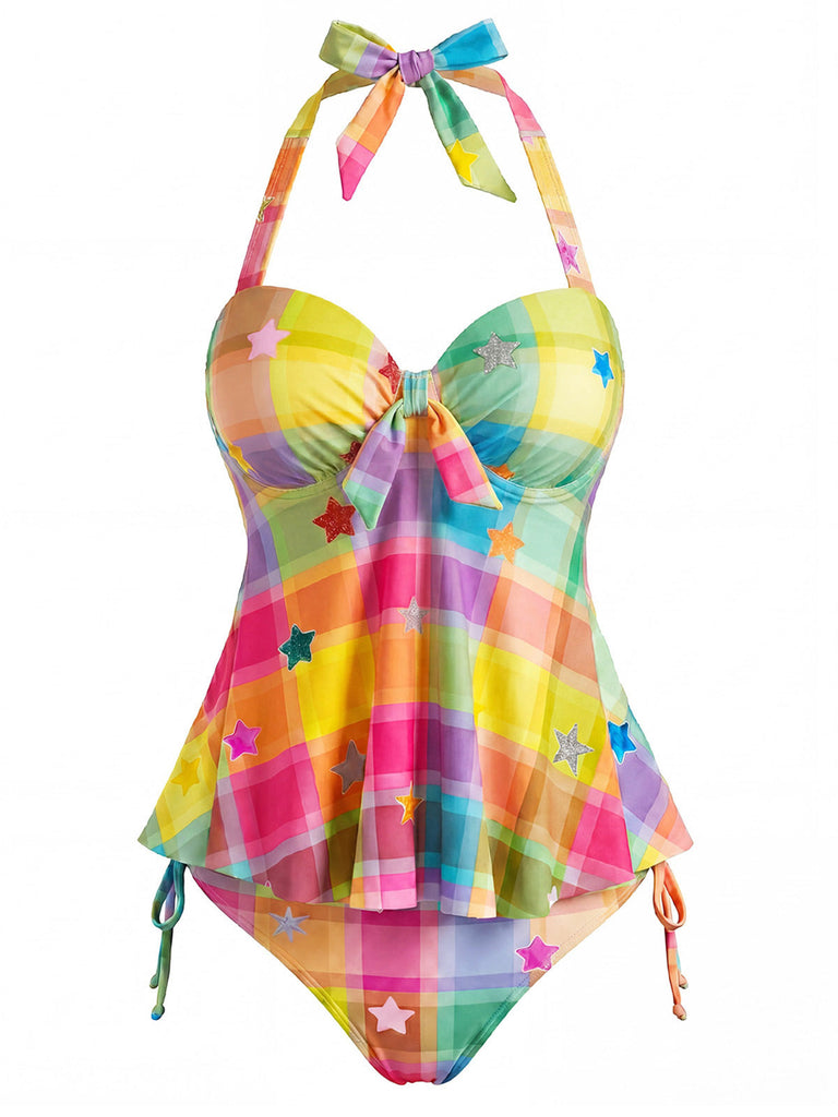 Regenbogen 70er Tankini-Set mit Neckholder und Stern