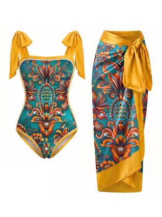 70er Badeanzug & Cover-Up mit Print und Öl