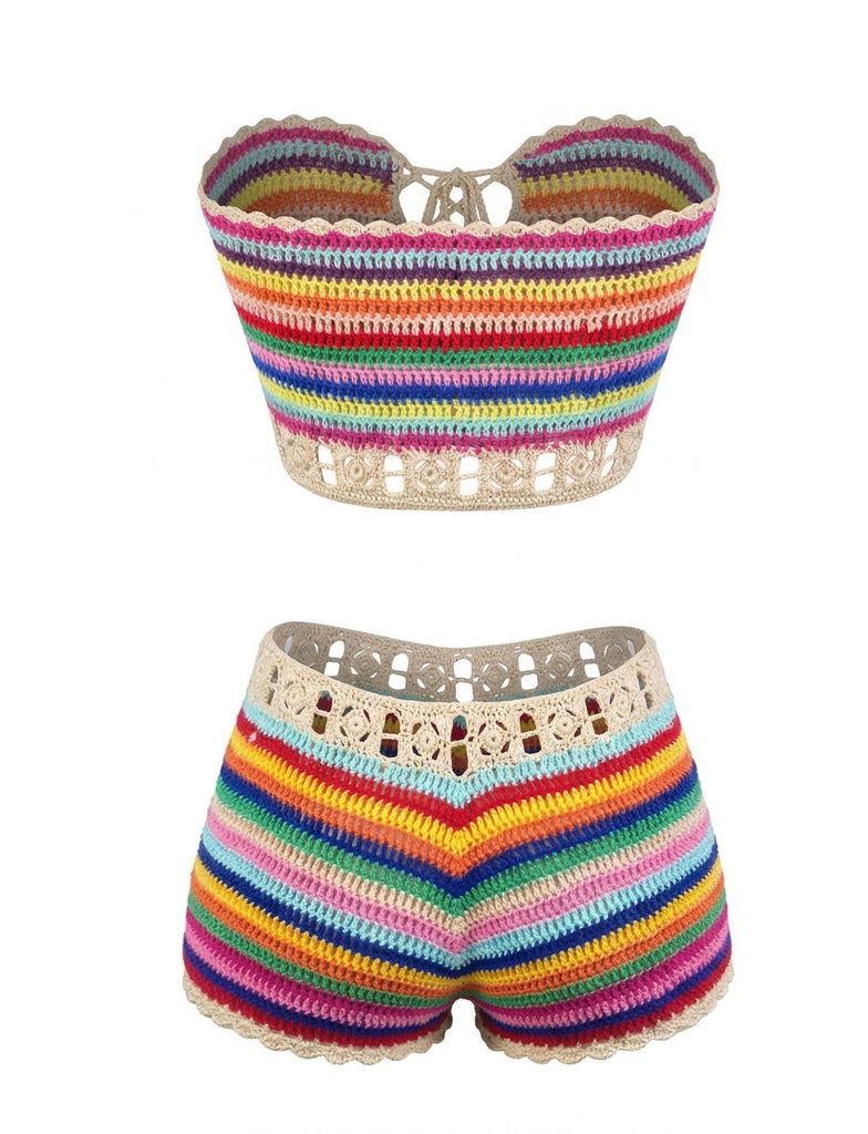 Regenbogenfarbenes, gehäkeltes Bandeau-Bikini-Set aus den 1970er Jahren – Vintage-Mode, Retro-Stil