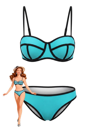 70er Bikini-Set & Shorts mit Spaghettiträger und Farbblock
