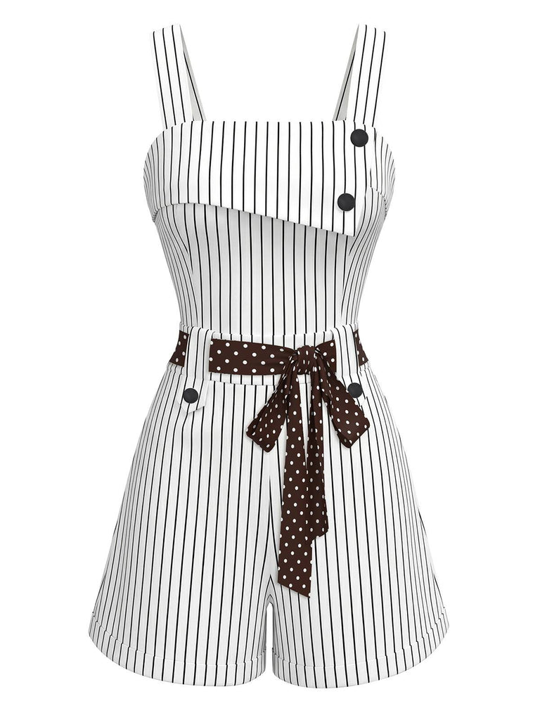 Ärmelloser Jumpsuit mit Gürtel im Stil der 1980er Jahre mit Nadelstreifen- und Punktmuster für einen sommerlichen Retro-Look