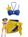 3PCS Blau 1980er Phalaenopsis Halfter Bikini-Set & Gelb Sarong