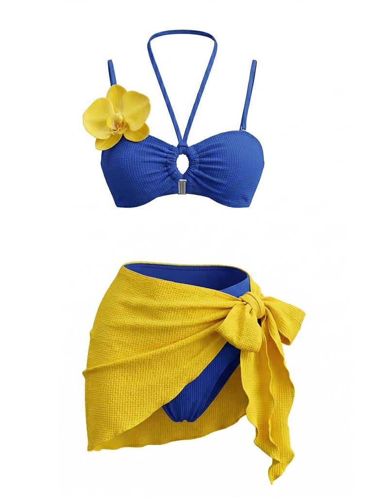 3PCS Blau 1980er Phalaenopsis Halfter Bikini-Set & Gelb Sarong