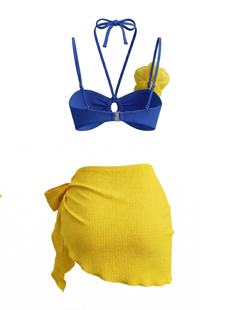3PCS Blau 1980er Phalaenopsis Halfter Bikini-Set & Gelb Sarong