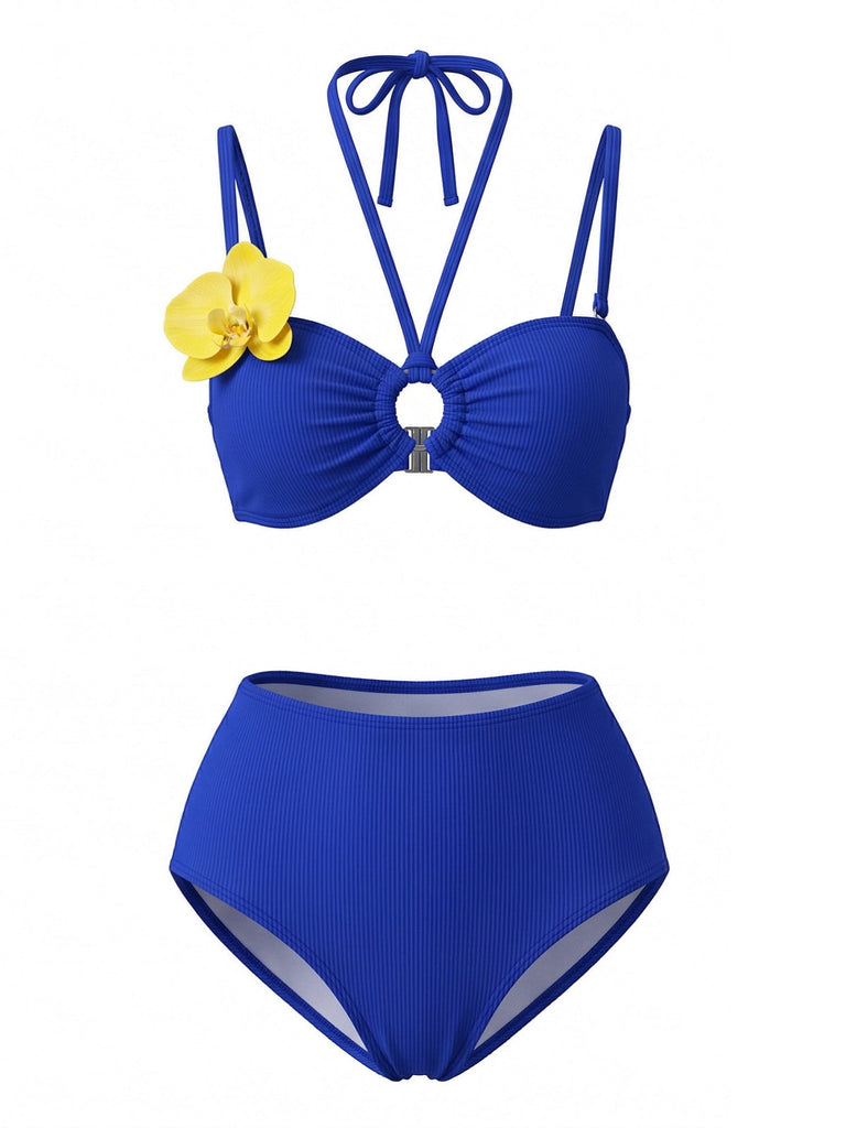 3PCS Blau 1980er Phalaenopsis Halfter Bikini-Set & Gelb Sarong