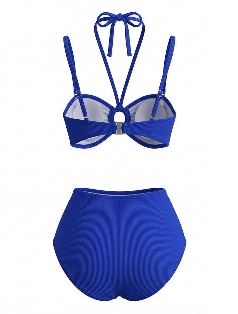 3PCS Blau 1980er Phalaenopsis Halfter Bikini-Set & Gelb Sarong