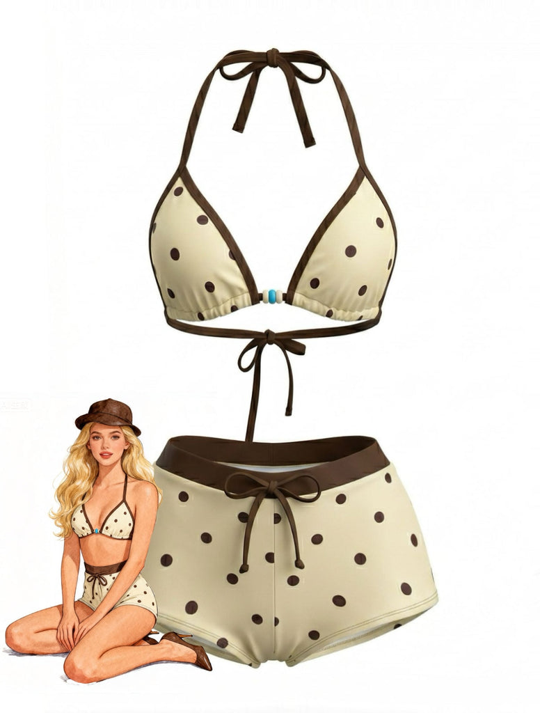 Creme Gelb 1980er Polka Punkt Halfter Bikini-Set