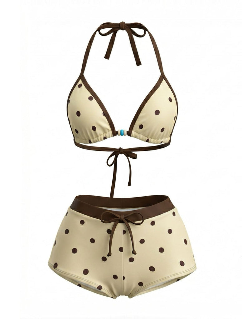 Creme Gelb 1980er Polka Punkt Halfter Bikini-Set