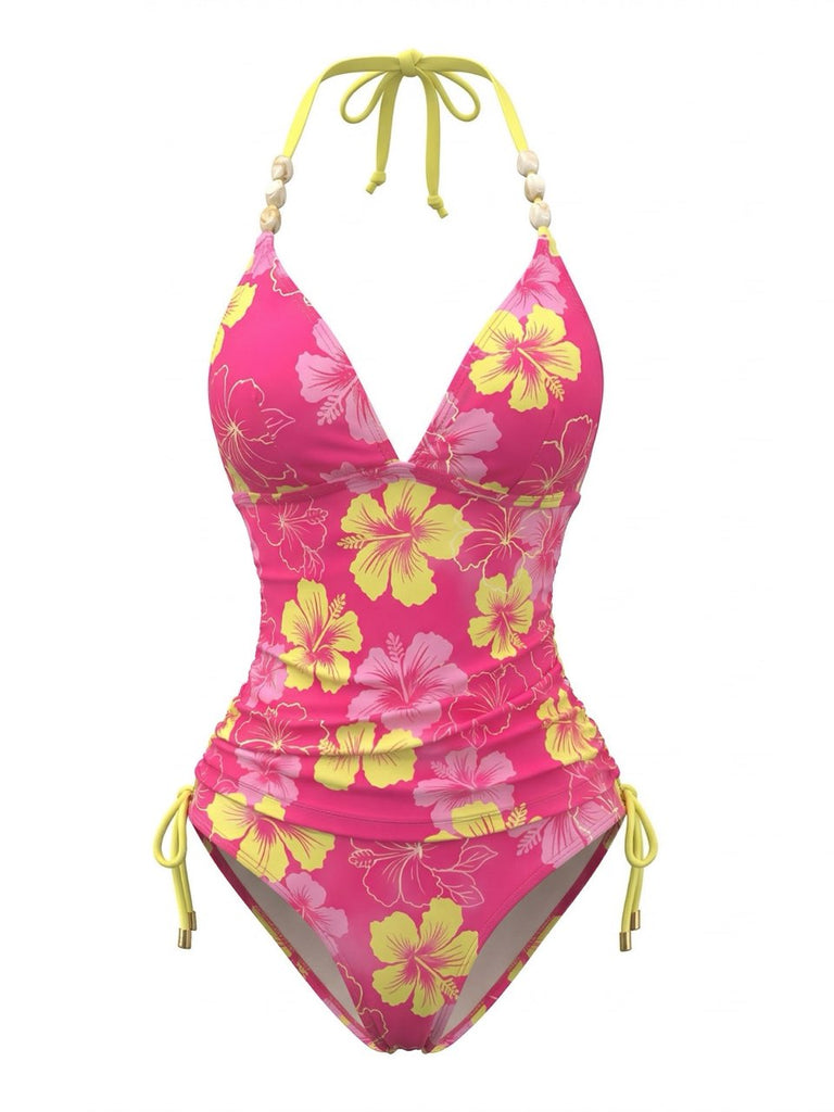 80er Bikini-Set mit Neckholder, Blumen und Perlenbesatz