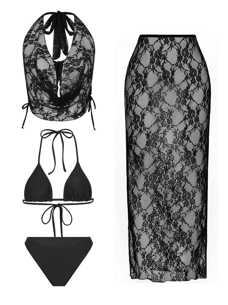 80er Bikini-Set & Cover-Up mit Spitze und 4 Stück
